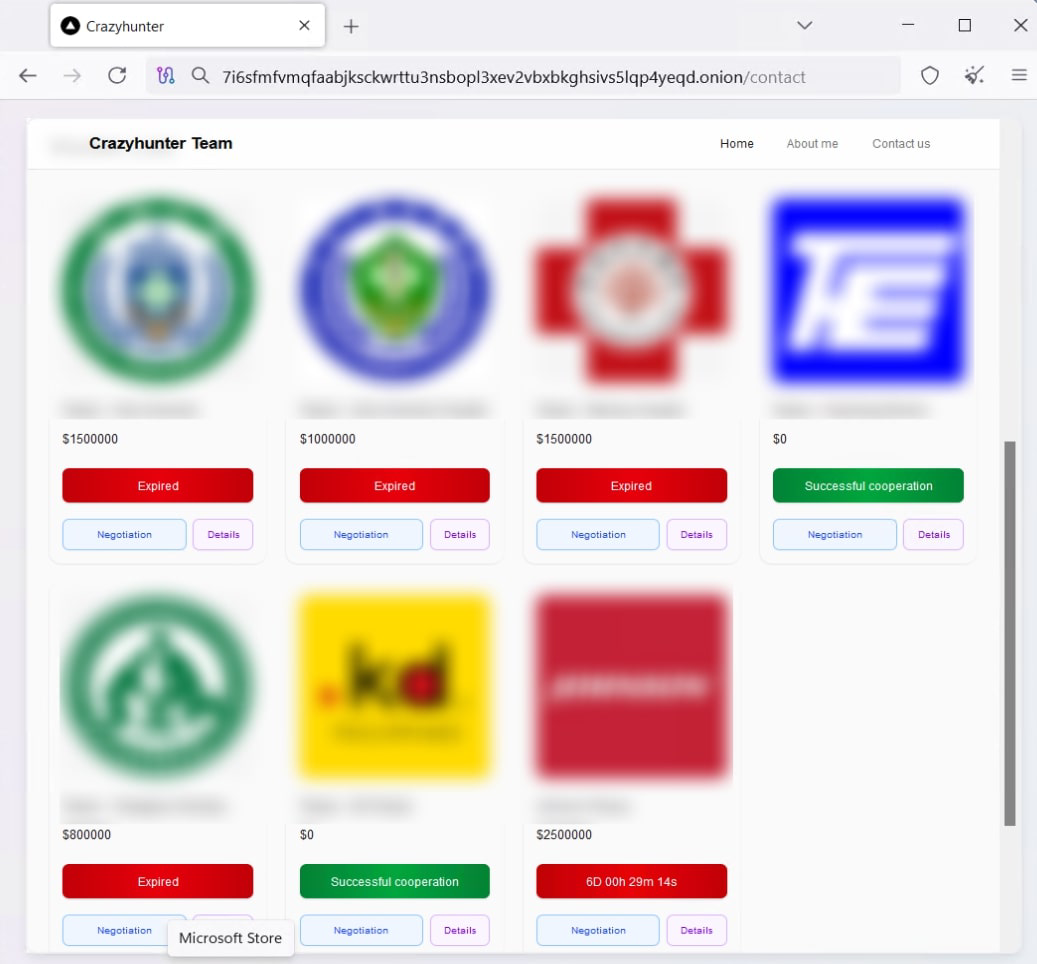 Figure 3: Victimology page listing compromised organizations